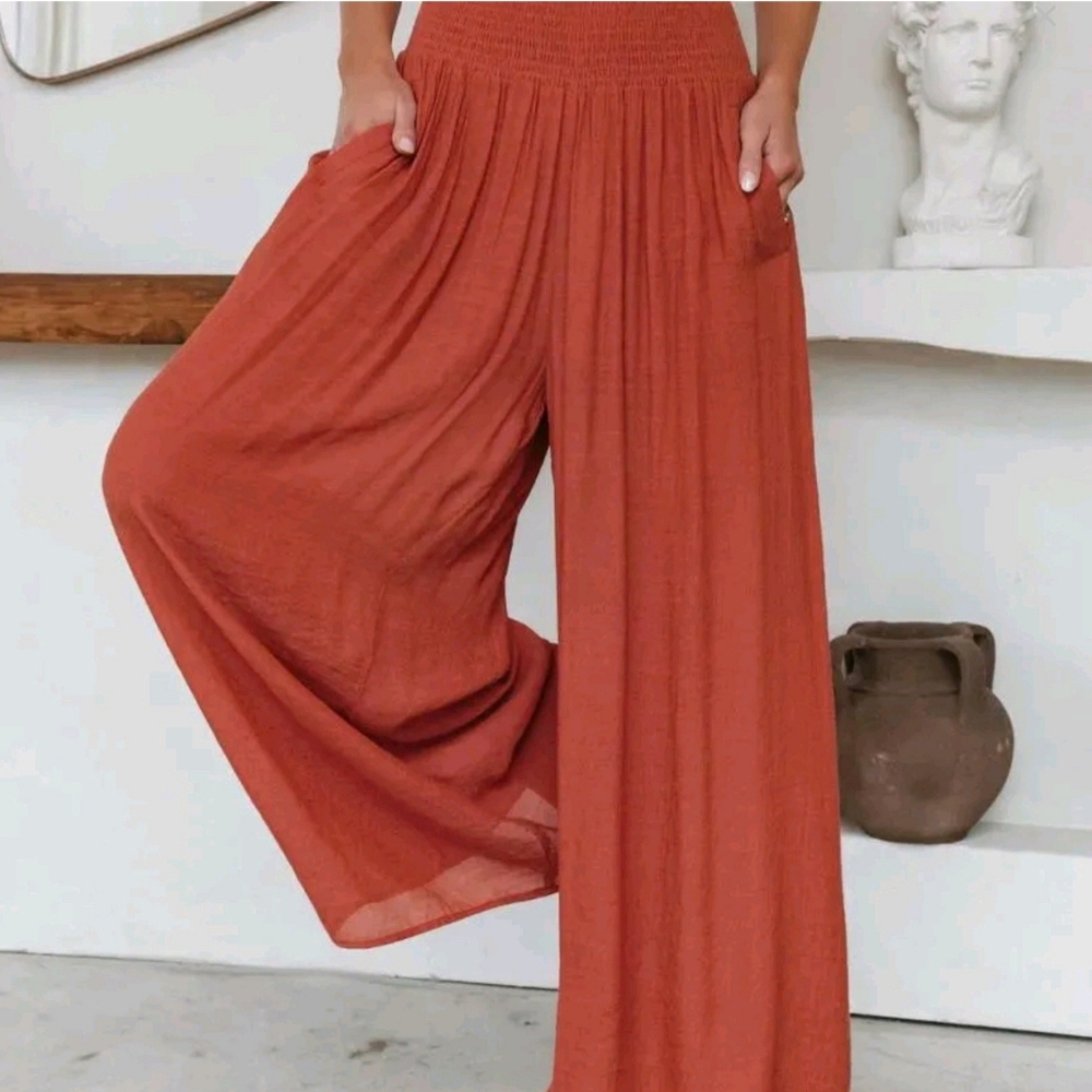 Terracotta Smocked Waist Wide Leg Lounge Bohemian Pant - Picture 2 of 16